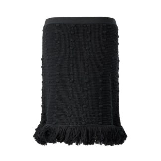 Bottega Veneta Black Knit Pom Pom Skirt with Fringed Hem