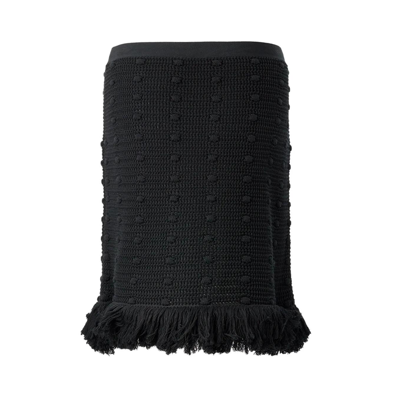 Bottega Veneta Black Knit Pom Pom Skirt with Fringed Hem