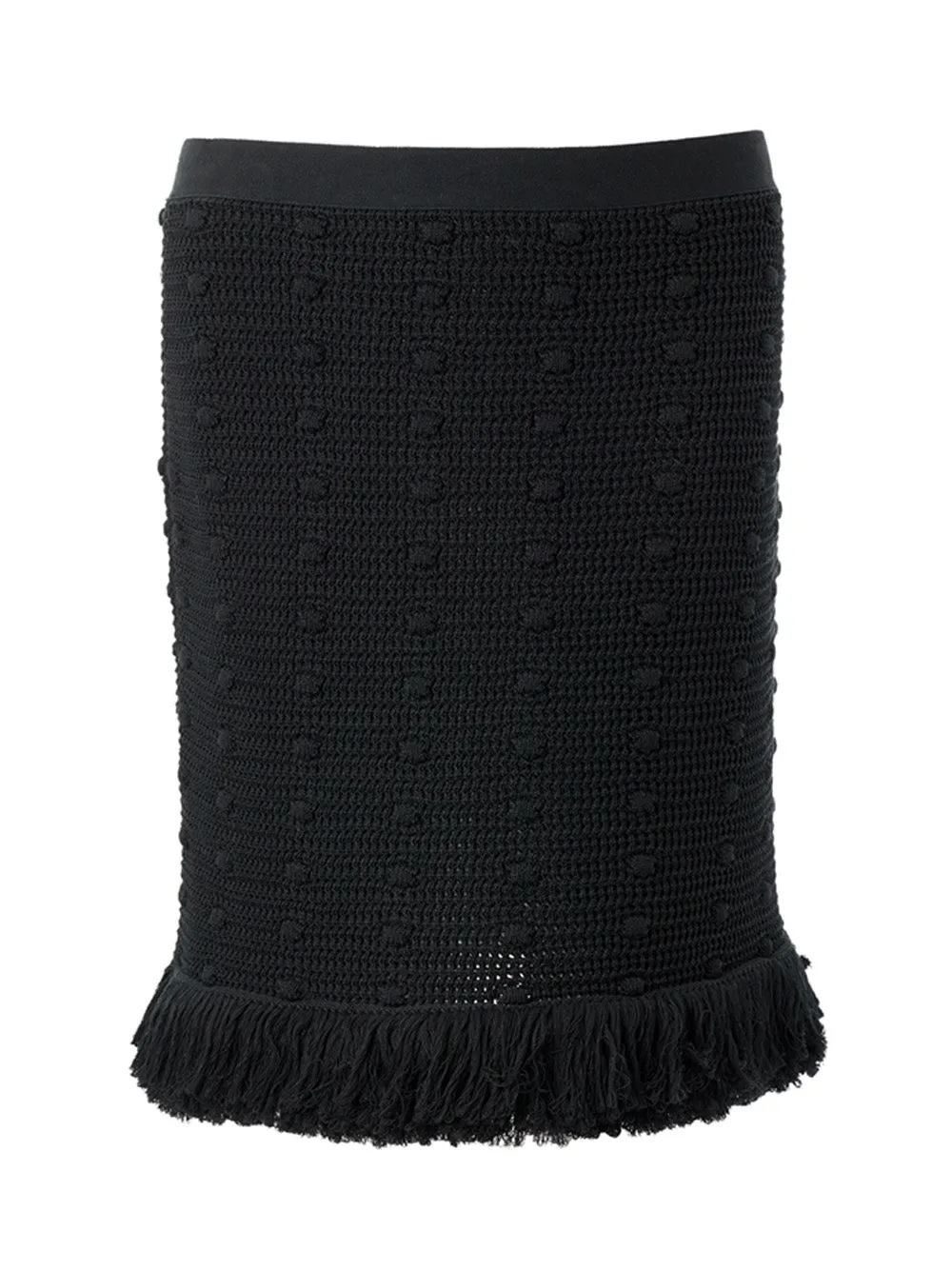 Bottega Veneta Black Knit Pom Pom Skirt with Fringed Hem - Image 3