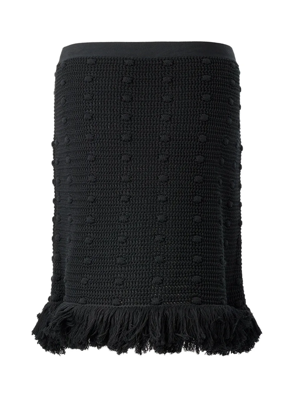 Bottega Veneta Black Knit Pom Pom Skirt with Fringed Hem - Image 2