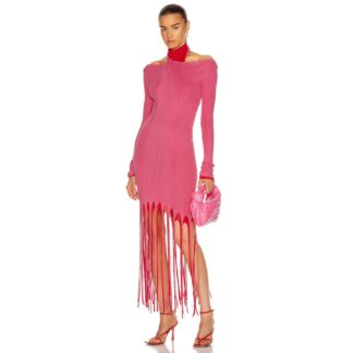 Bottega Veneta Pink & Red Stretch Knit Fringe Long Dress