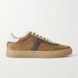 Brunello Cucinelli Leather Sneakers with Suede and Shiny Bead Detail