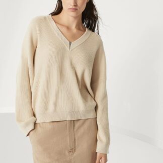 Brunello Cucinelli V-Neck Cotton Sweater with Shiny Jewels