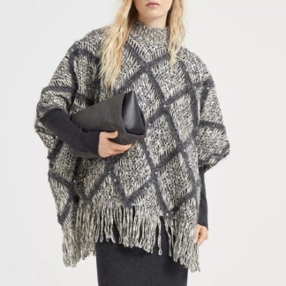 Brunello Cucinelli Wool Poncho with Sequins & Frayed Hem