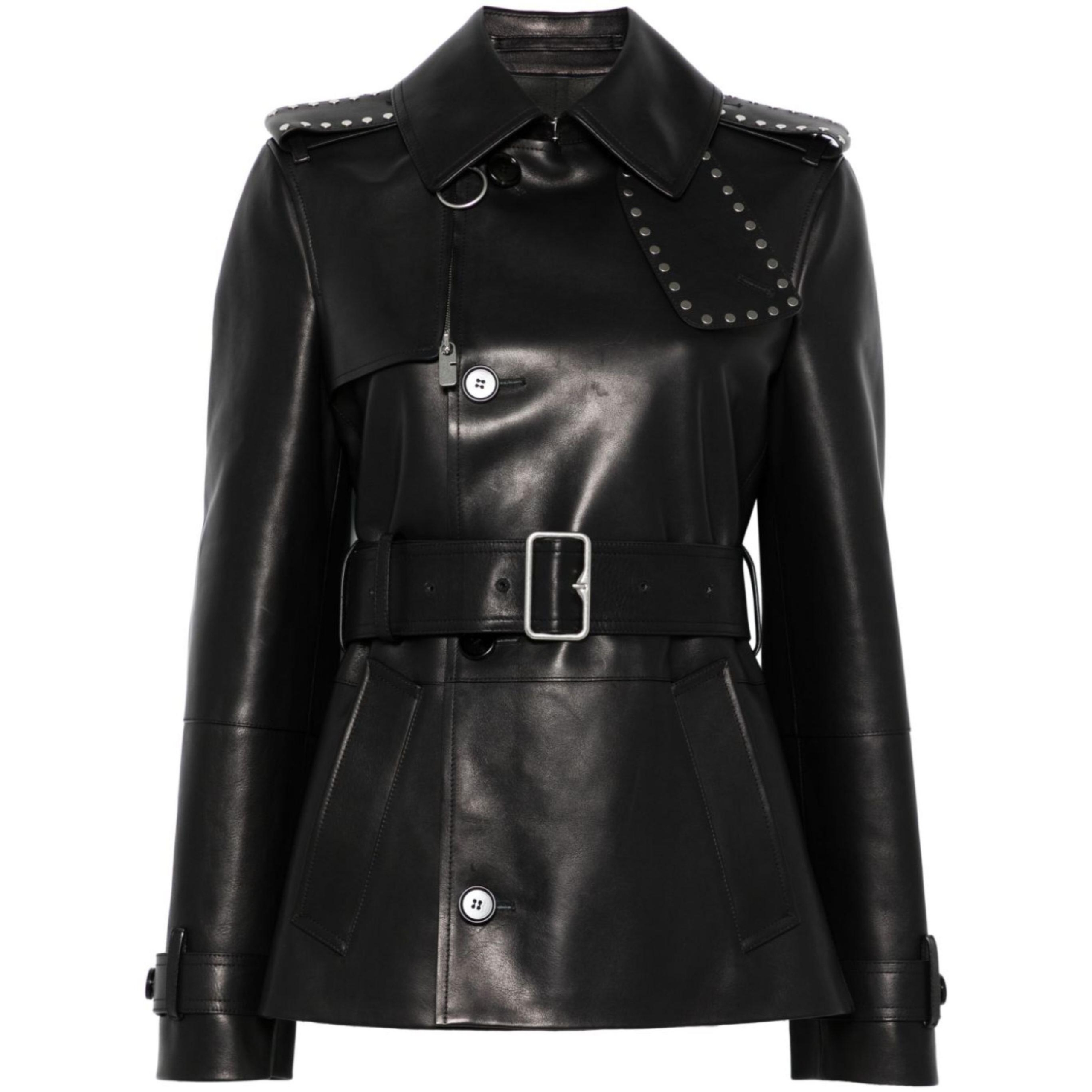 Burberry Leather Jacket with Belt and Stud Details