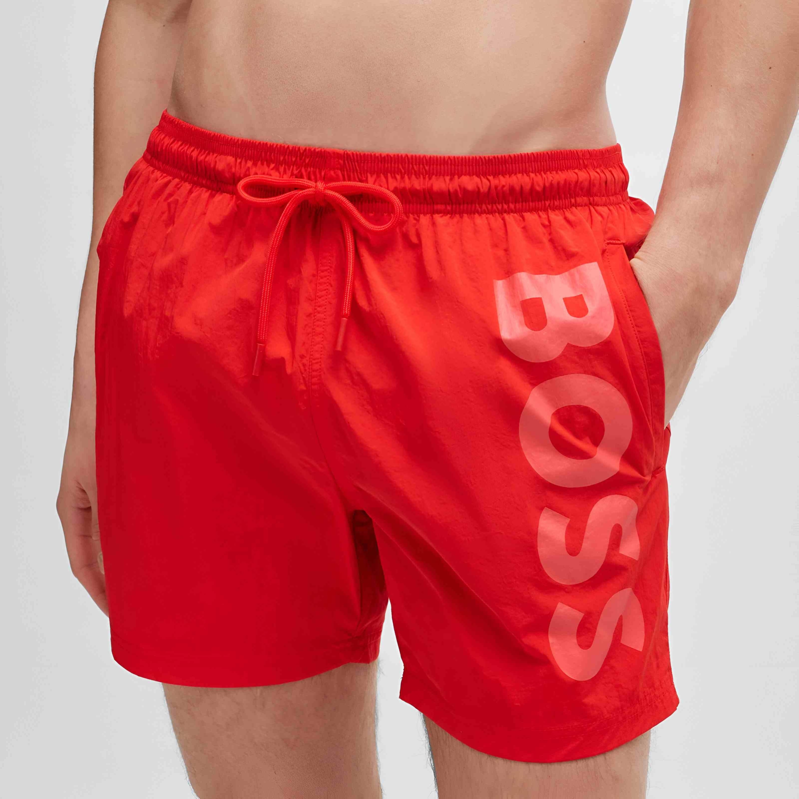Boss Men's Red Print Swim Shorts - Stylish Spring/Summer Swimwear