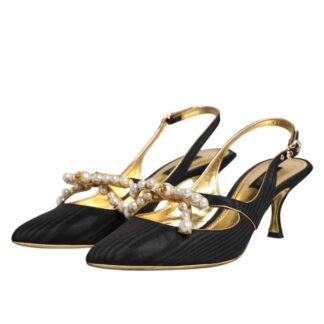 Dolce & Gabbana Black Suede Embellished Slingback Heels with Gold Accents