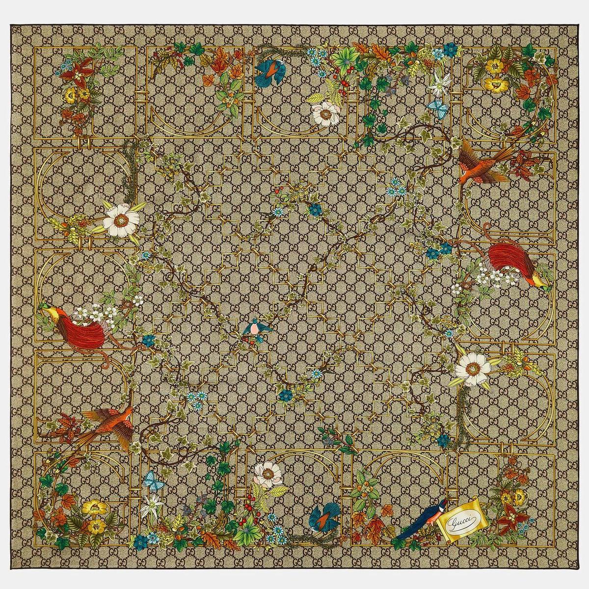 Gucci GG Logo Silk Scarf with Embroidered Monogram Border