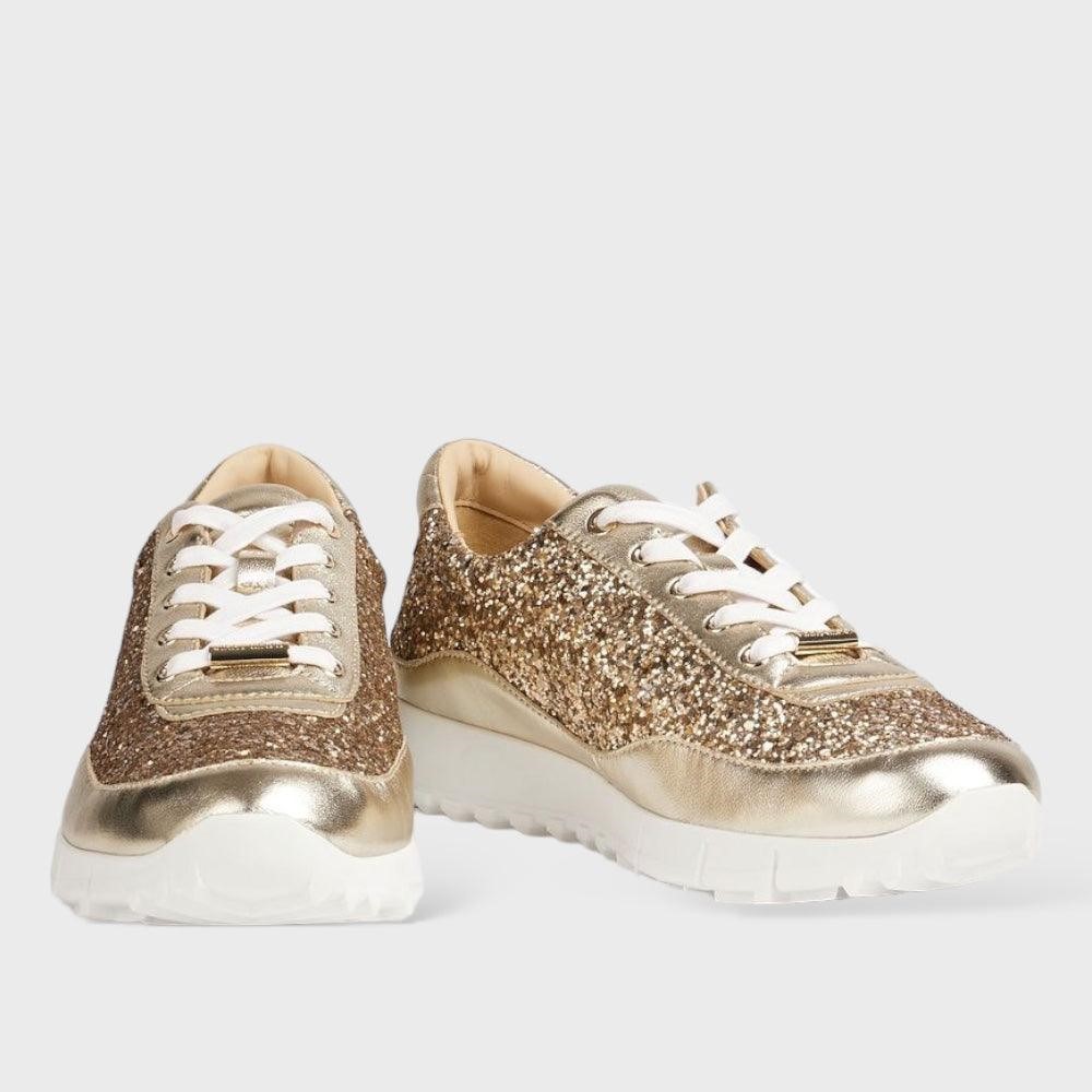 Jimmy Choo Antique Gold Monza Leather Glitter Sneakers