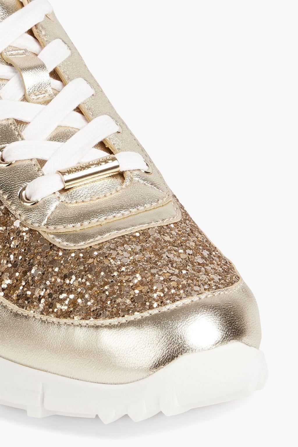 Jimmy Choo Antique Gold Monza Leather Glitter Sneakers - Image 4