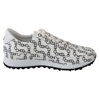 Jimmy Choo Monza Olcc White/Black Leather Sneakers with Choo Chain Print