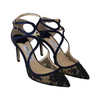 Jimmy Choo Lancer Navy Lace and Suede Leather Pumps