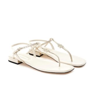 Miu Miu Ivory Patent Leather Thong Sandals with T-Style and Logo Detail