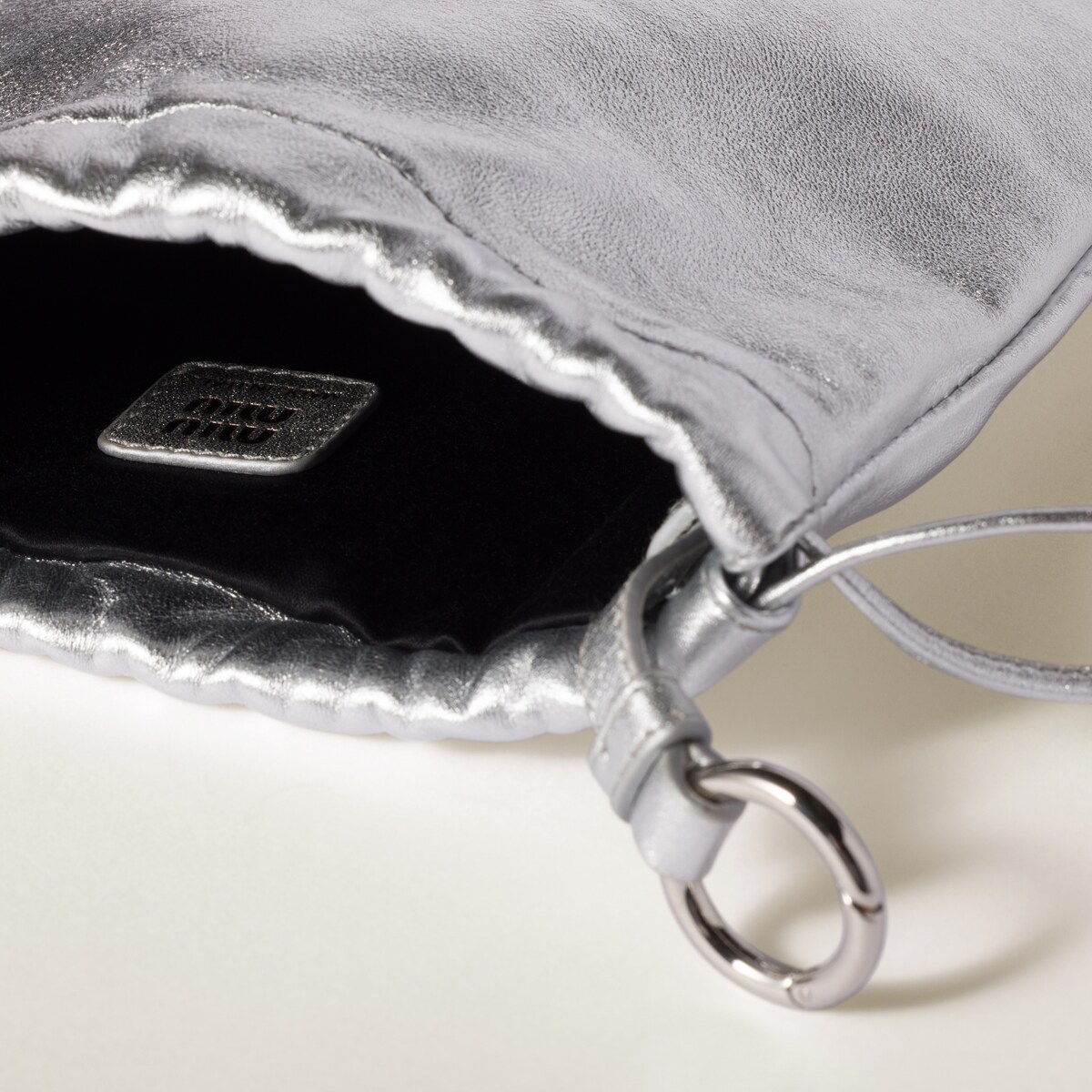 Miu Miu Leather Pouch with Drawstring Closure and Metal Logo - Image 3