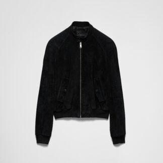 Prada Suede Bomber Jacket with High Collar and Ribbed Details