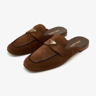Prada Suede Mules with Block Heel and Logo Plaque