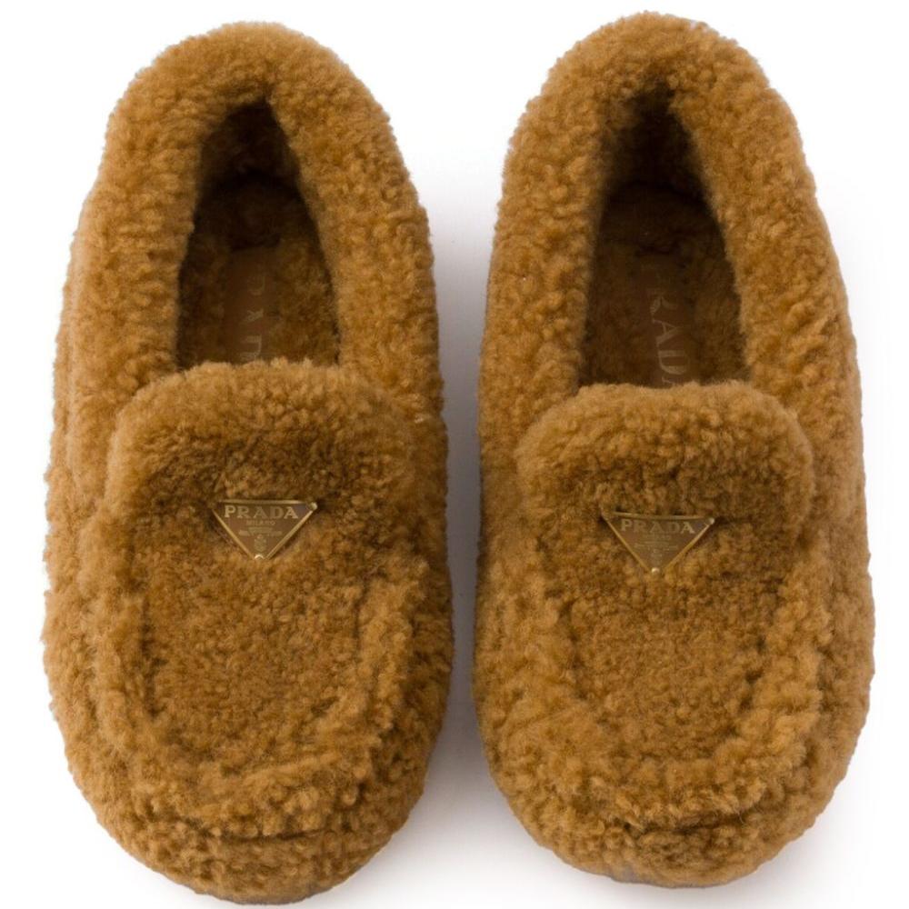 Prada Shearling Loafers with Rubber Sole and Logo Plaque