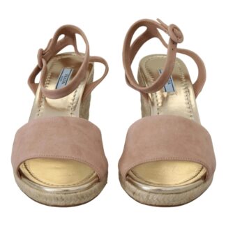 Prada Pink and Beige Suede Wedge Sandals with Ankle Strap