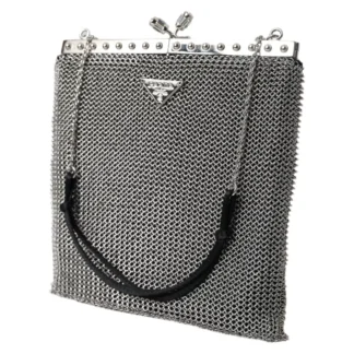 Prada Silver & Black Chain Metal Mesh Shoulder Party Evening Bag