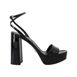 Prada Black Patent Leather Block Heel Platform Sandals