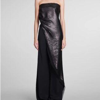 RICK OWENS Black Silk Long Top with Deep Neckline and Sequins