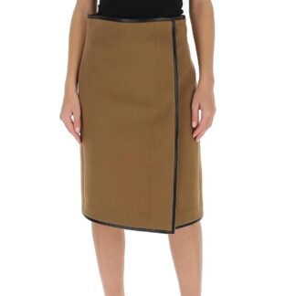 Saint Laurent Camel Skirt with Leather Details and Front Slit