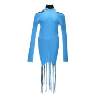 Saint Laurent Women’s Blue Silk-Blend Dress with Ribbed Fringes