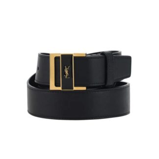 Saint Laurent Leather Gio Belt with Gold YSL Cassandre Logo Plaque