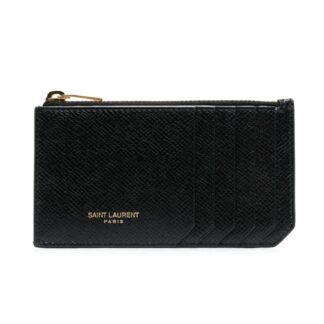 Saint Laurent Calfskin Card Holder with Zippered Pocket and Logo Detail