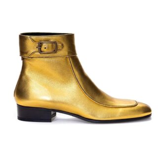Saint Laurent Gold Leather Ankle Boots with Buckle Strap and Rear Zipper