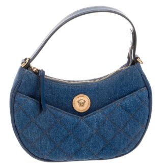 Versace Elegant Denim and Leather Top Handle Bag with Crossbody Strap