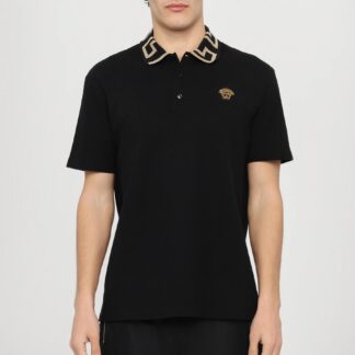 Versace Cotton Polo Shirt with Iconic Logo and Monochrome Design