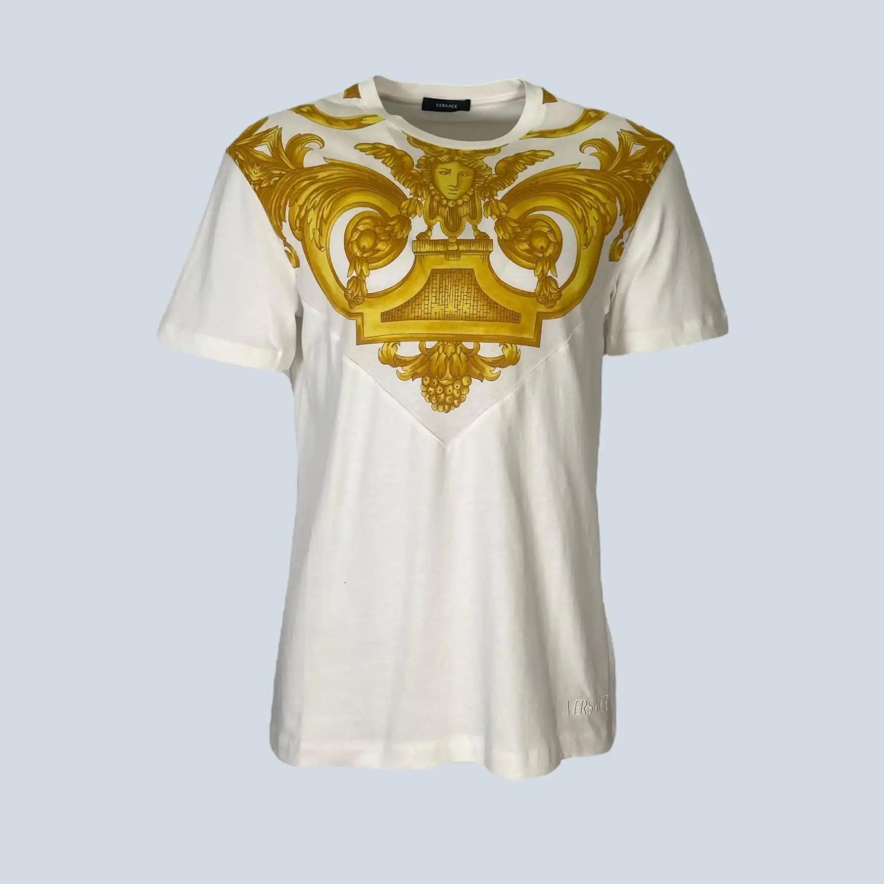 Versace Luxury Medusa Print Cotton T-Shirt with Crew Neck in White and Gold