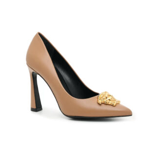 VERSACE Black Leather High Heel Pumps with Gold Detailing