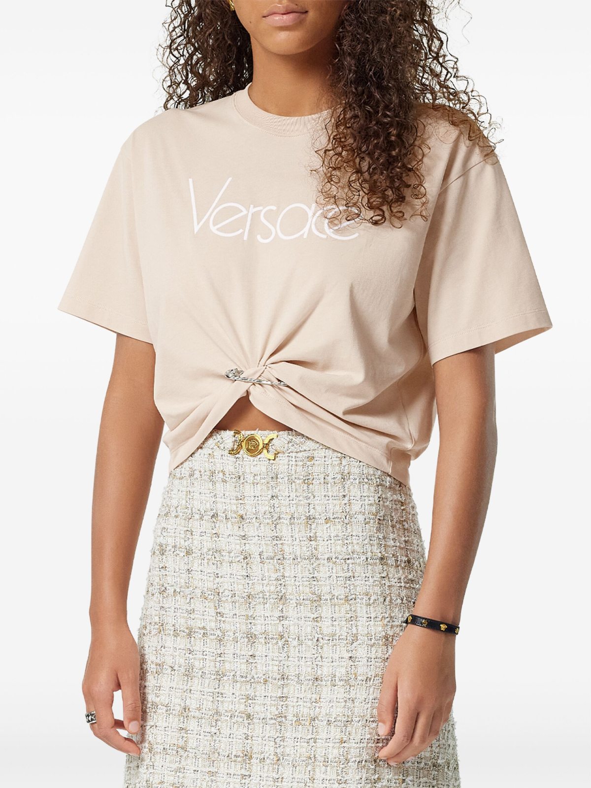 Versace Monochrome Cropped Cotton T-shirt with Medusa Pin Detail - Image 2