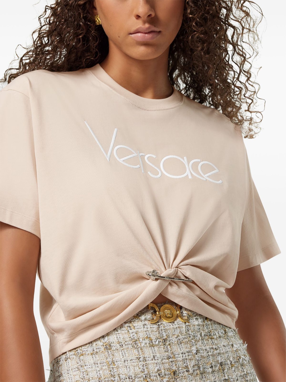 Versace Monochrome Cropped Cotton T-shirt with Medusa Pin Detail - Image 3