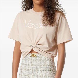 Versace Monochrome Cropped Cotton T-shirt with Medusa Pin Detail