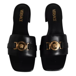 VERSACE Black Leather Logo Plaque Slides Sandals with Gold Detailing
