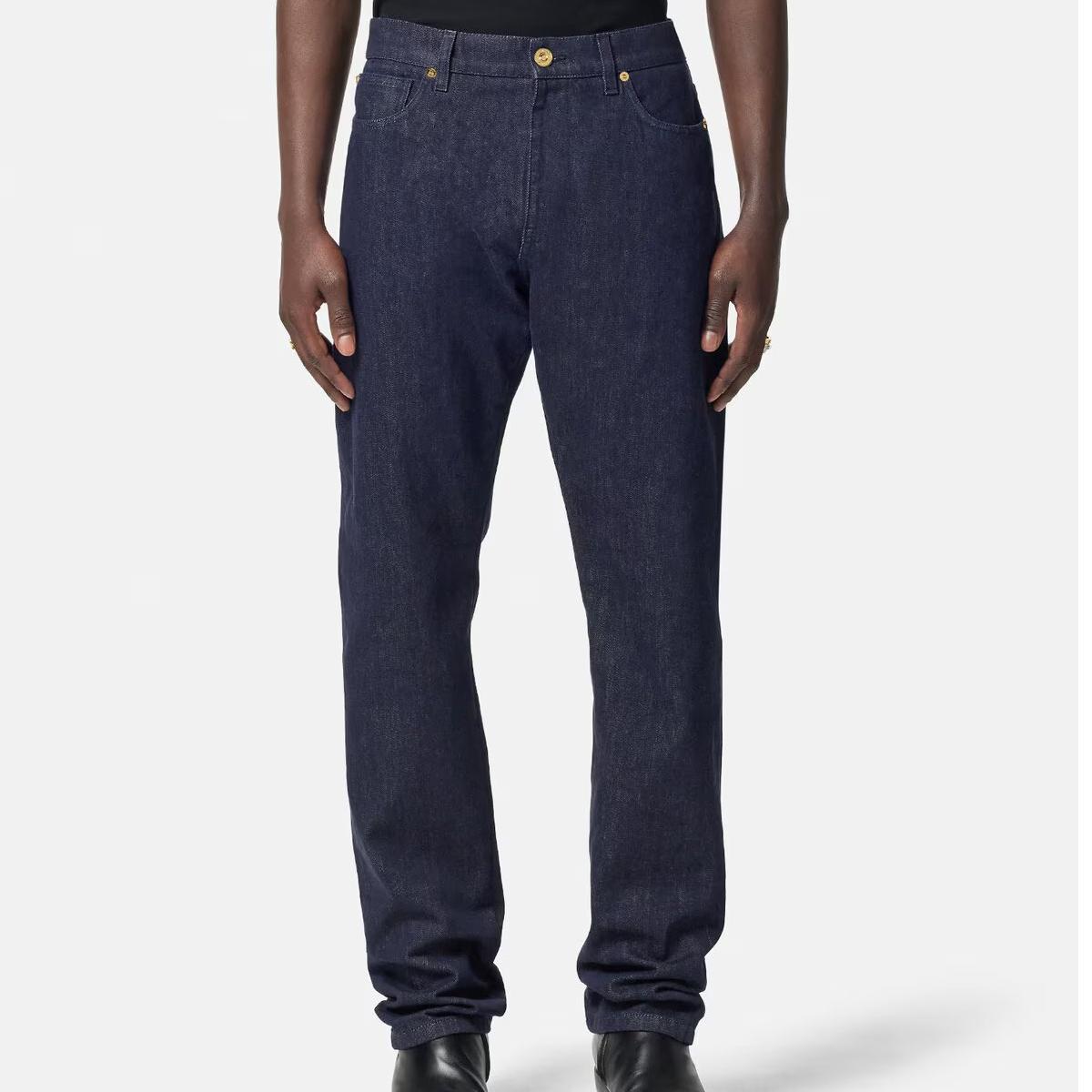 Versace Cotton Jeans - Stylish Straight Fit with Iconic Leather Patch