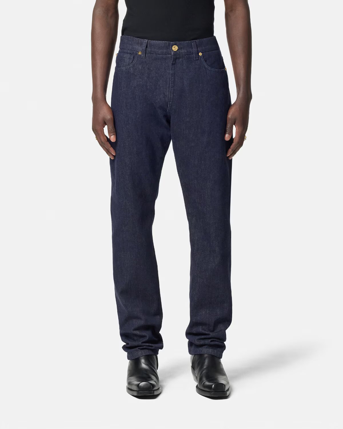 Versace Cotton Jeans - Stylish Straight Fit with Iconic Leather Patch - Image 2