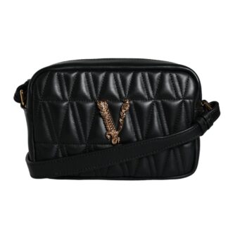 Versace Black Leather Crossbody Camera Bag with Adjustable Strap.