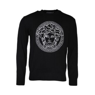 VERSACE Black Embroidered Cotton Pullover Sweater for Men