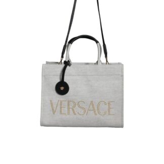 Versace White and Black Tote Bag with Adjustable Strap and Logo Hardware