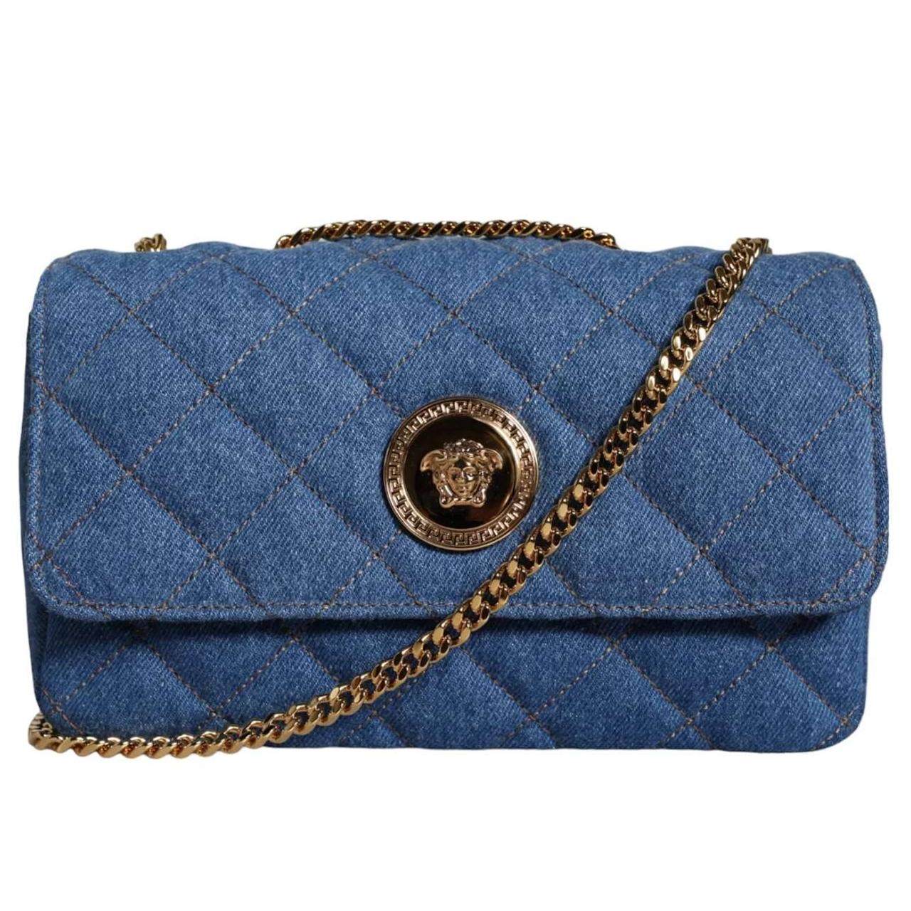 Versace Blue Crossbody Bag with Adjustable Strap and Logo Hardware