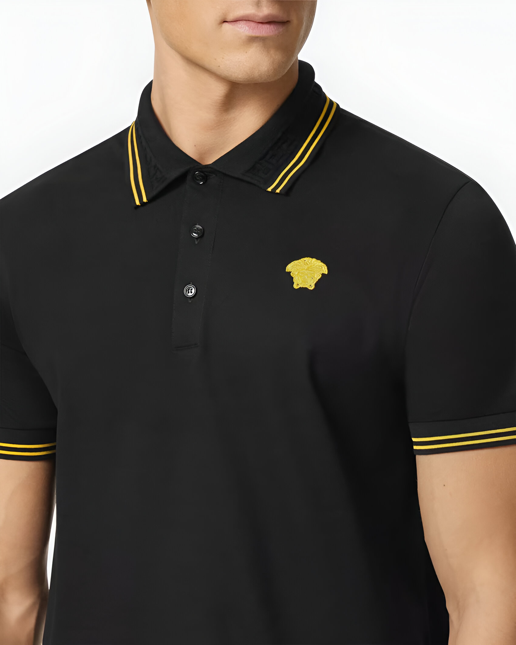 Versace Cotton Polo Shirt with Logo Patch and Ribbed Collar - Image 3