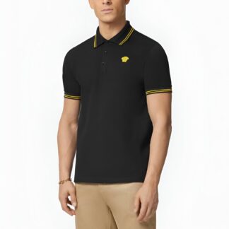Versace Cotton Polo Shirt with Logo Patch and Ribbed Collar