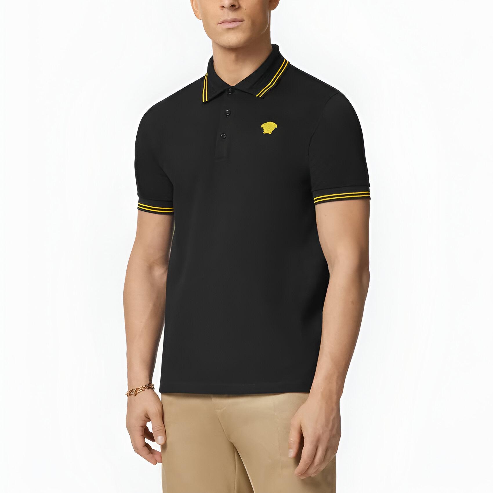 Versace Cotton Polo Shirt with Logo Patch and Ribbed Collar