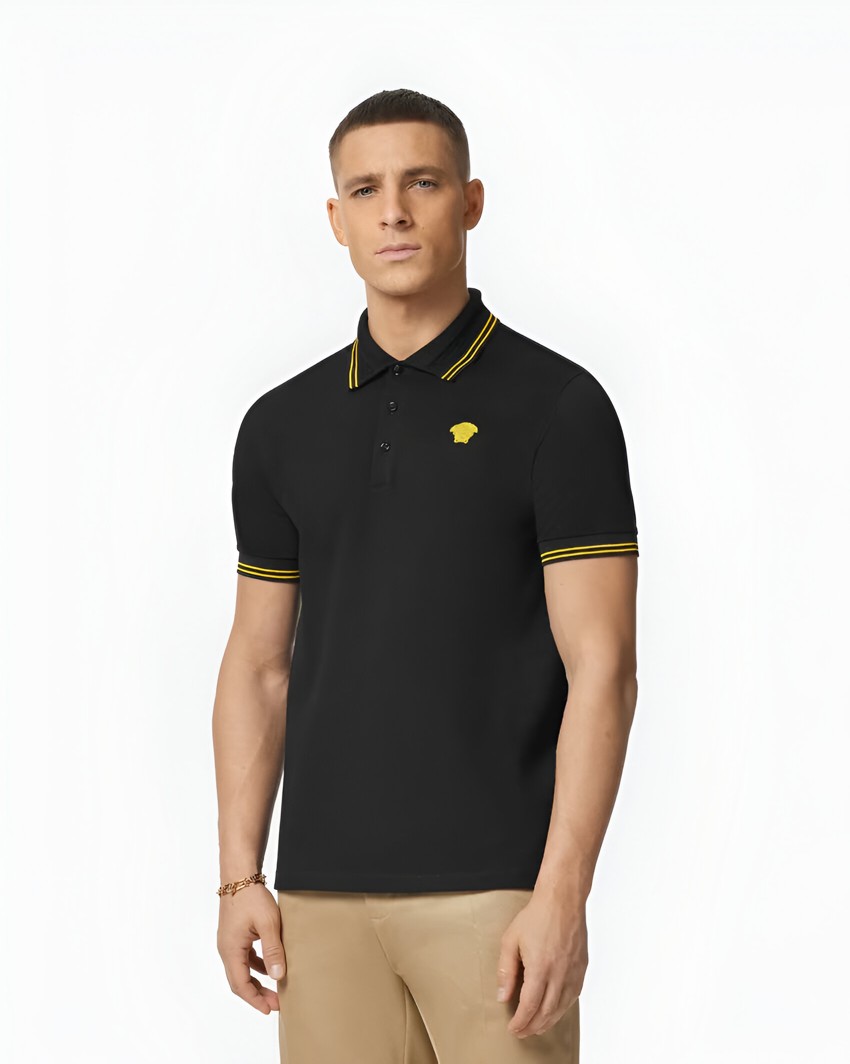Versace Cotton Polo Shirt with Logo Patch and Ribbed Collar - Image 2