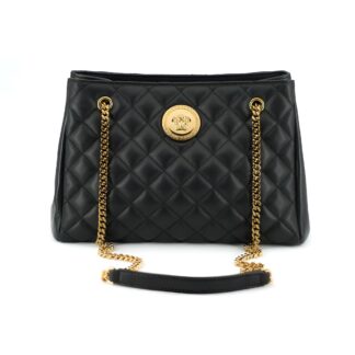 Versace Black Quilted Nappa Leather Tote Handbag with Medusa Logo