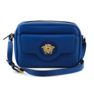 Versace Blue Calf Leather Camera Case Shoulder Bag with Adjustable Strap